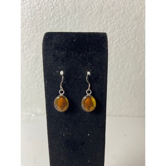 Vintage Sterling Silver Faux Amber Resin Dangle Earrings - Picture 1 of 4
